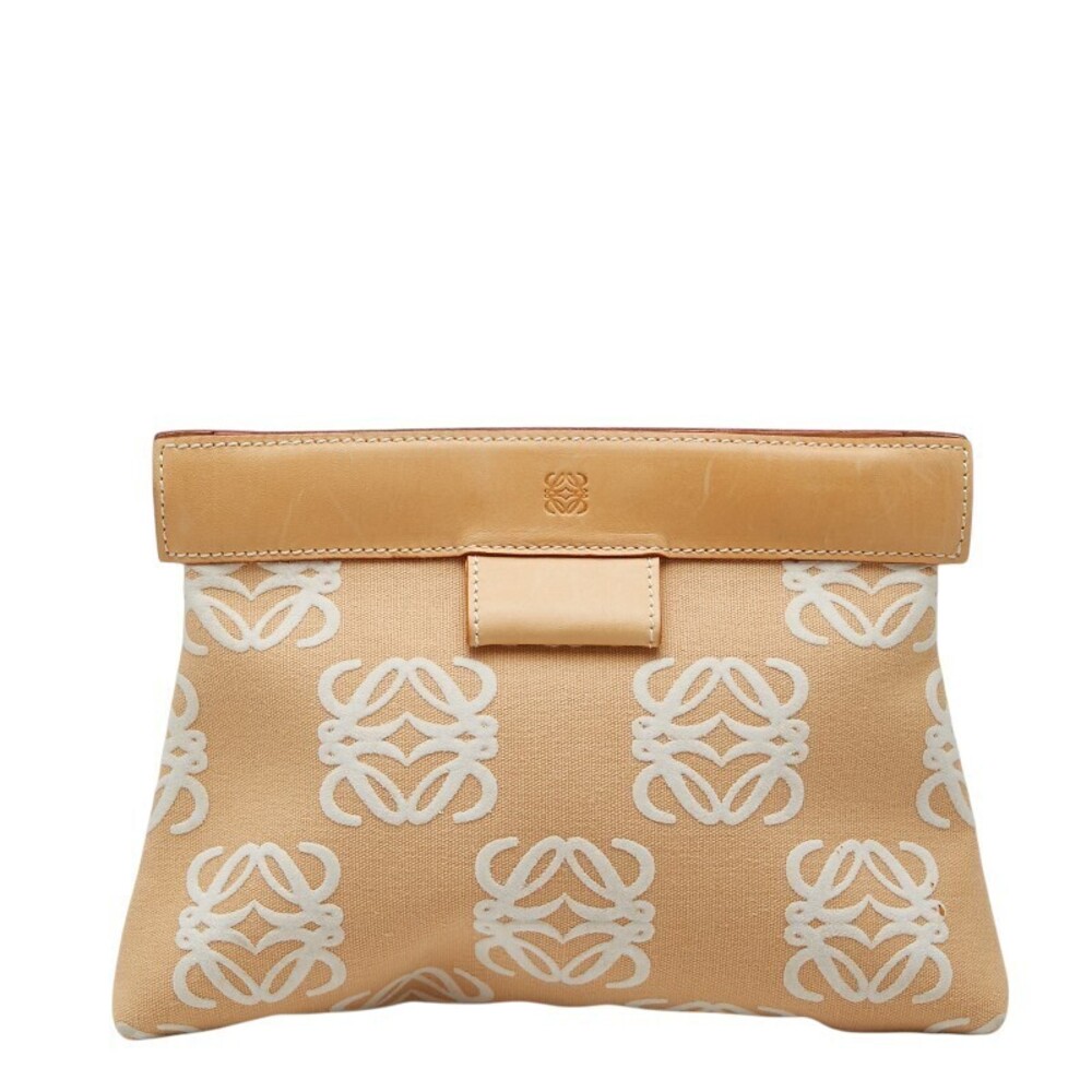 Loewe Anagram Clutch Bag Beige Cream Canvas Leather